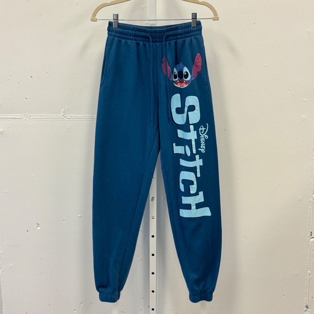 Disney Lilo & Stitch Teal Blue Fleece Jogger Sweatpants Small Graphic Print‎